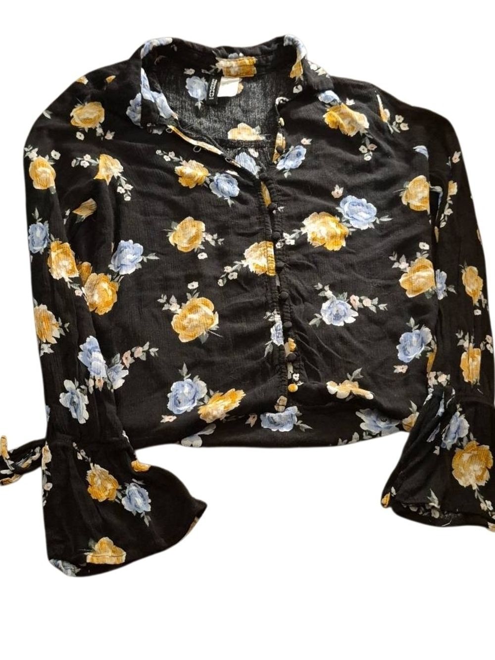 Divided Black Floral Button-Up Blouse with Yellow & Light Blue Roses(229)